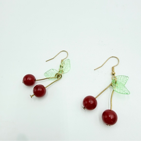 Cherry Drop Earrings with Green Leaf Detail – Gold Tone Dangle - Picture 5 of 5